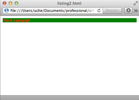 listing2.html 的 Safari 的屏幕截图。它呈现为一行具有红色字体和绿色背景的正文文本。
