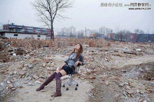 Photoshop调出做在废墟中的女孩战火颓废色彩